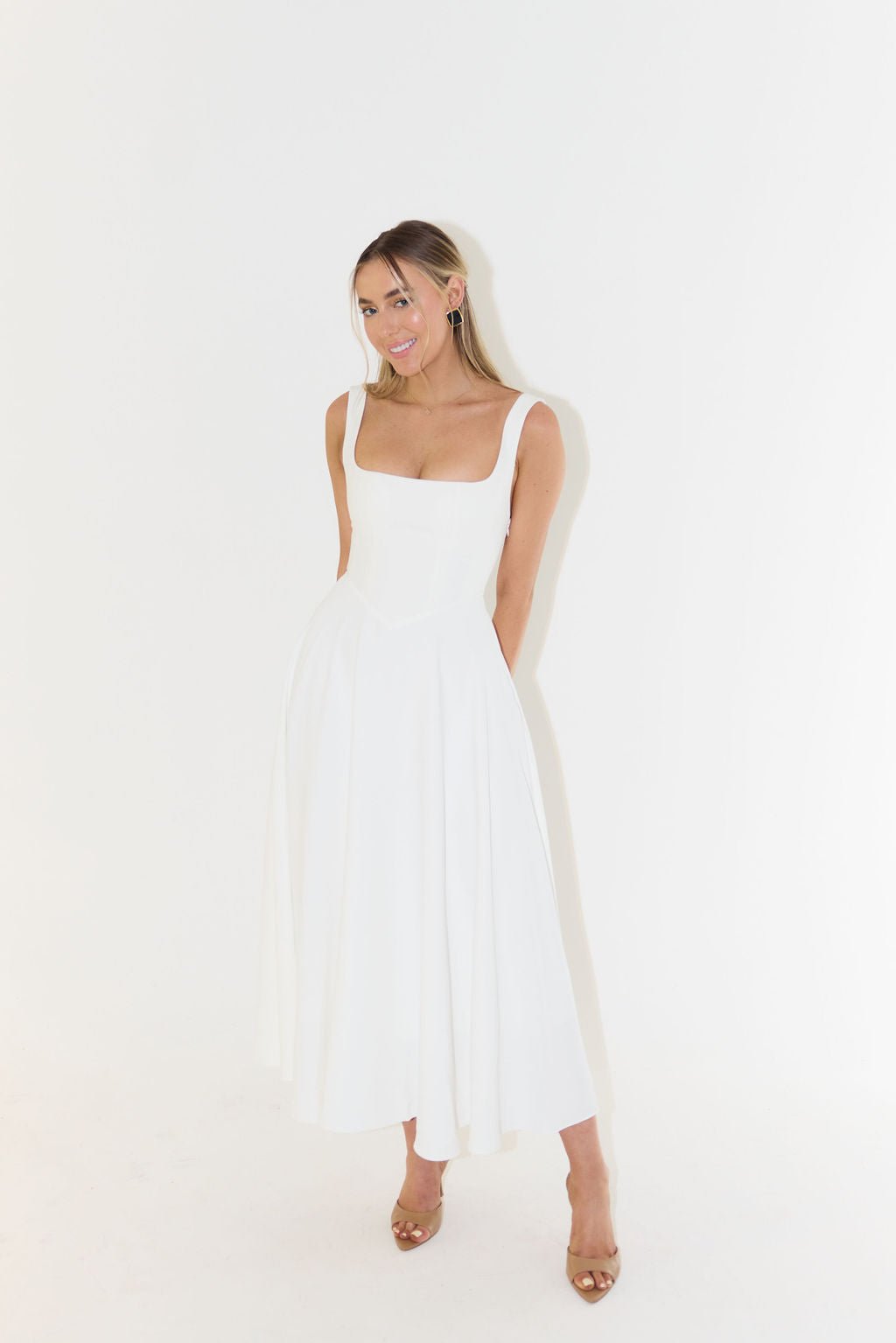 Women's Square-Neck Sleeveless A-Line Midi Dress in White