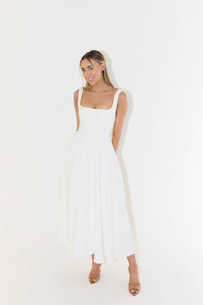Women's Square-Neck Sleeveless A-Line Midi Dress in White