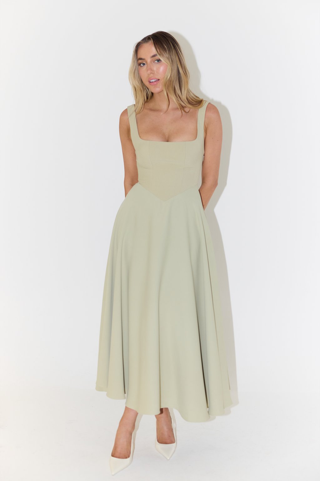 Women's Square-Neck Sleeveless A-Line Midi Dress in White
