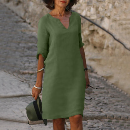 Plain Knee-Length V-Neck Dress for Women