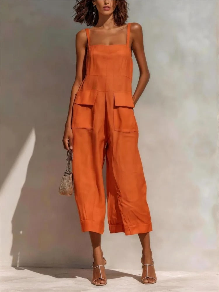 Women's Belted Linen Mid-Length Dress with Pockets