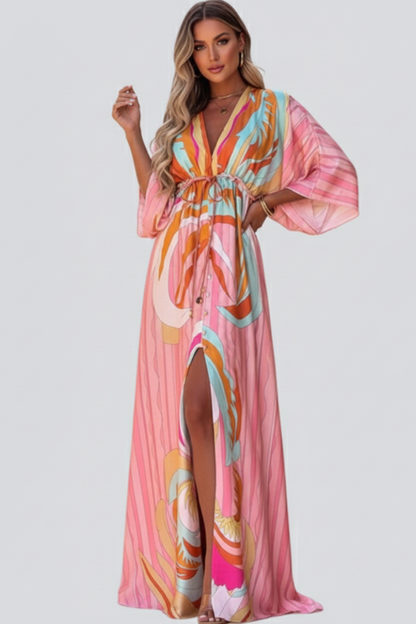 Women's Belted Patterned V-Neck Maxi Dress