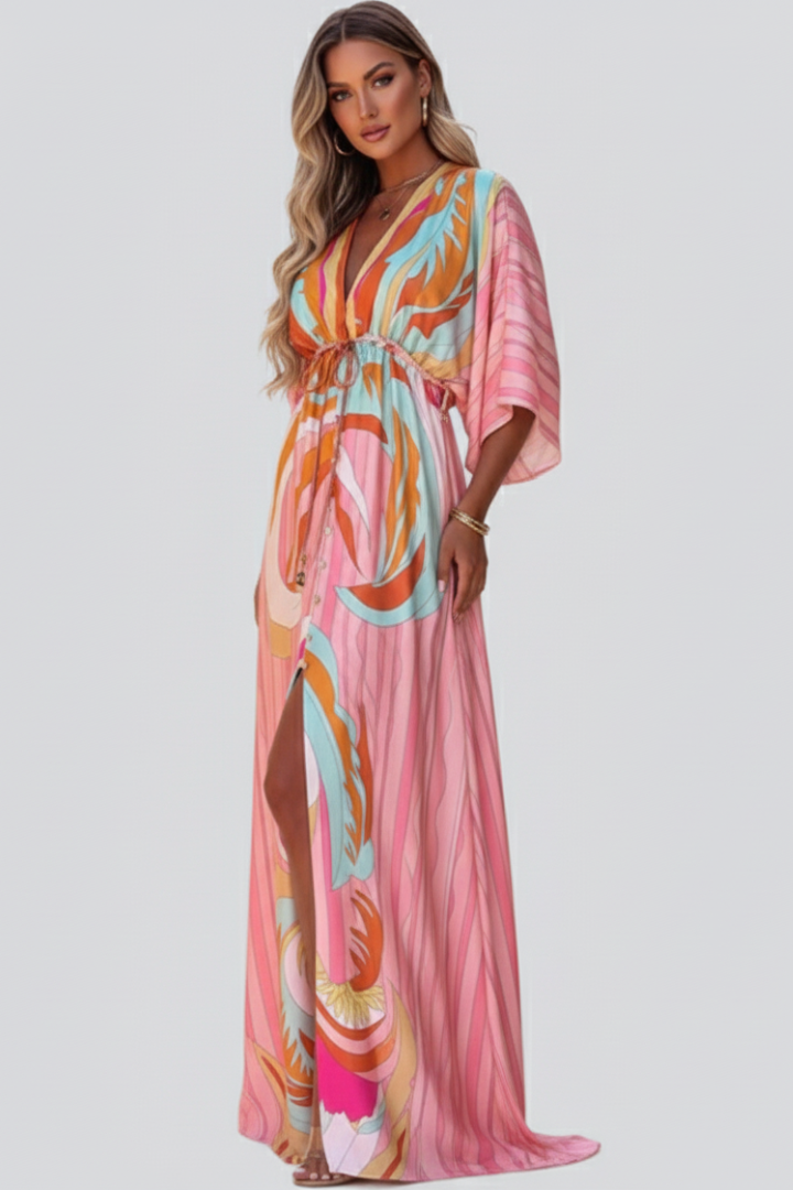 Women's Belted Patterned V-Neck Maxi Dress