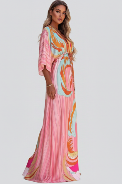 Women's Belted Patterned V-Neck Maxi Dress