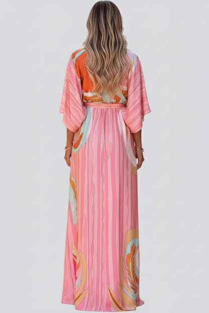 Women's Belted Patterned V-Neck Maxi Dress