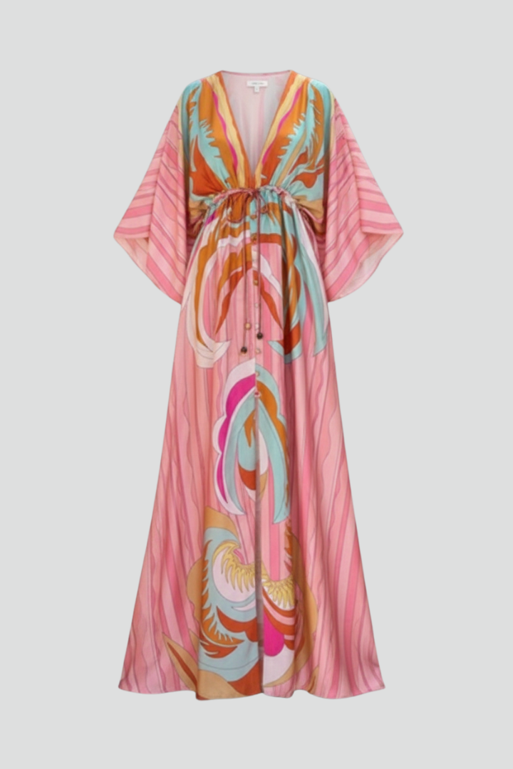 Women's Belted Patterned V-Neck Maxi Dress