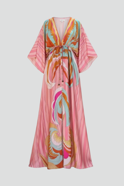 Women's Belted Patterned V-Neck Maxi Dress