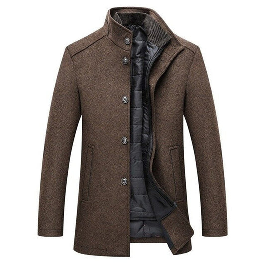 Men's Insulated Wool Winter Coat with Stand Collar and Quilted Lining