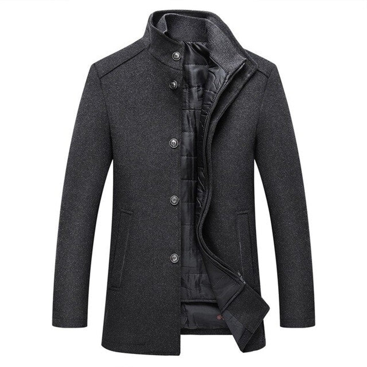 Men's Insulated Wool Winter Coat with Stand Collar and Quilted Lining