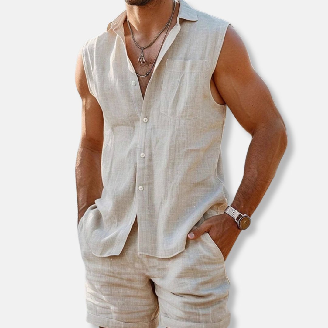 Men's Sleeveless Linen Button-Up Shirt and Shorts Set