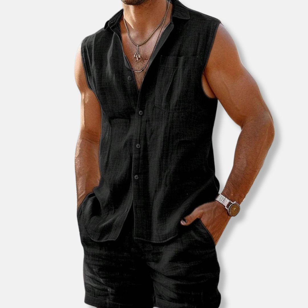 Men's Sleeveless Linen Button-Up Shirt and Shorts Set
