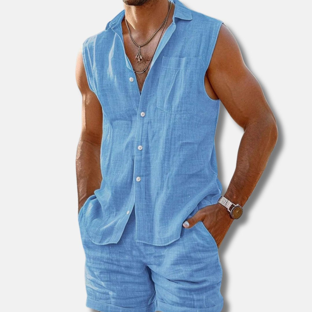 Men's Sleeveless Linen Button-Up Shirt and Shorts Set
