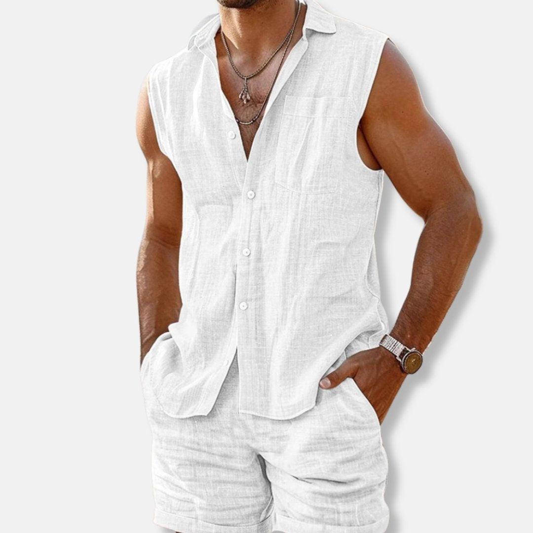 Men's Sleeveless Linen Button-Up Shirt and Shorts Set