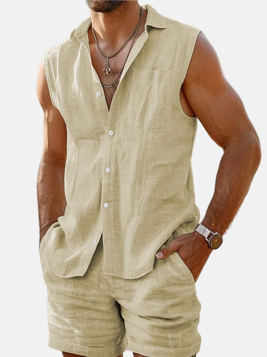 Men's Sleeveless Linen Button-Up Shirt and Shorts Set
