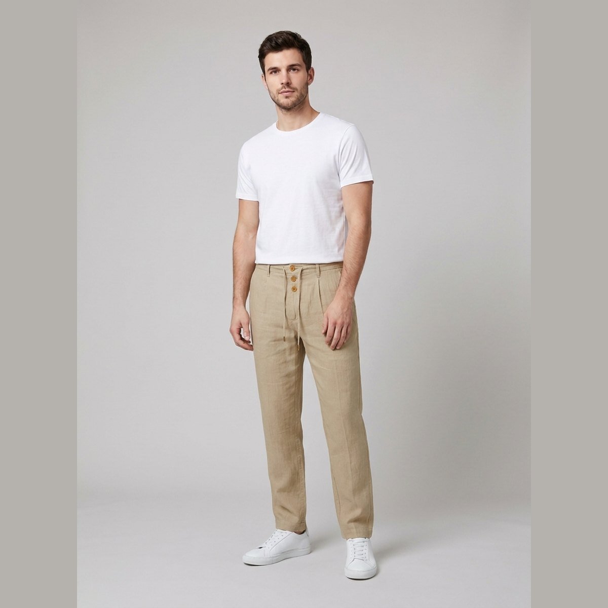 Men's Buttoned Linen Trousers with Elasticized Waistband
