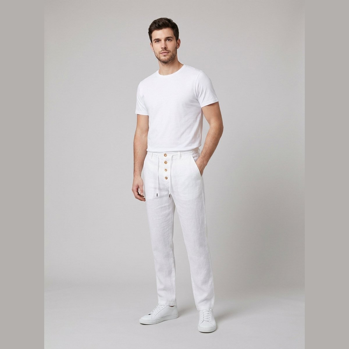 Men's Buttoned Linen Trousers with Elasticized Waistband