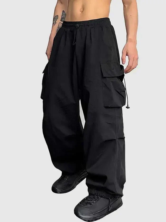 Men's Elastic-Waist Wide Cargo Pants with Toggle Ankle Cuffs