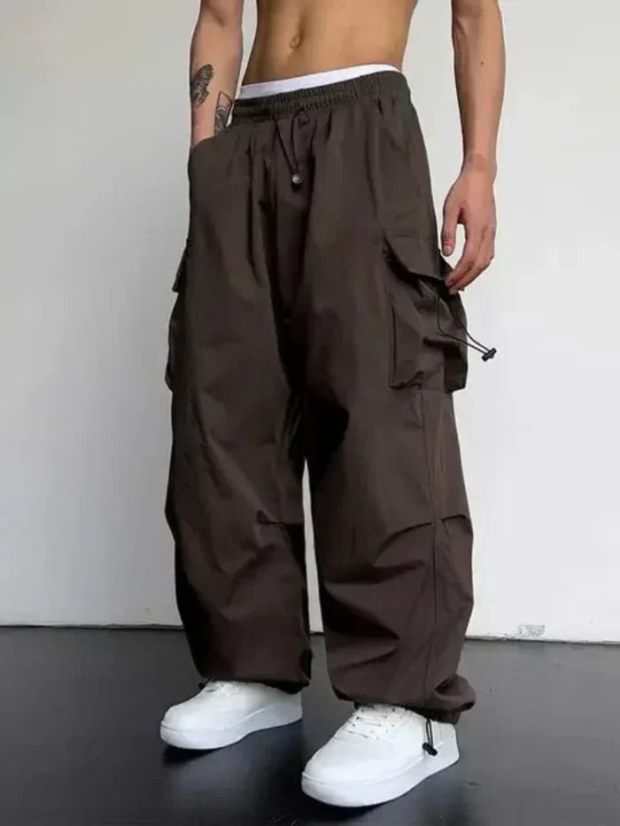 Men's Elastic-Waist Wide Cargo Pants with Toggle Ankle Cuffs