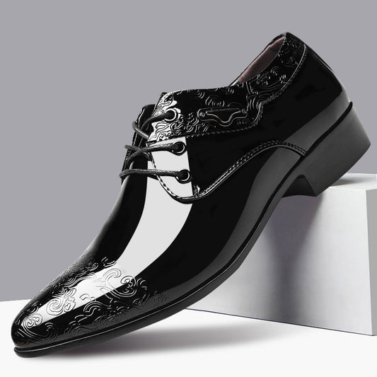 Men's Black Textured Patent Leather Lace-Up Derby Shoes