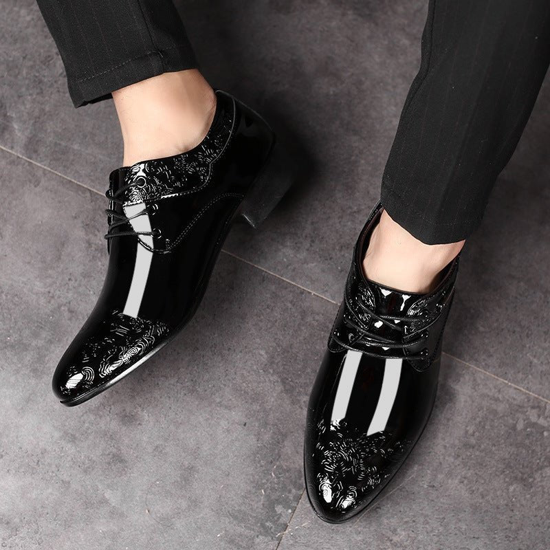 Men's Black Textured Patent Leather Lace-Up Derby Shoes