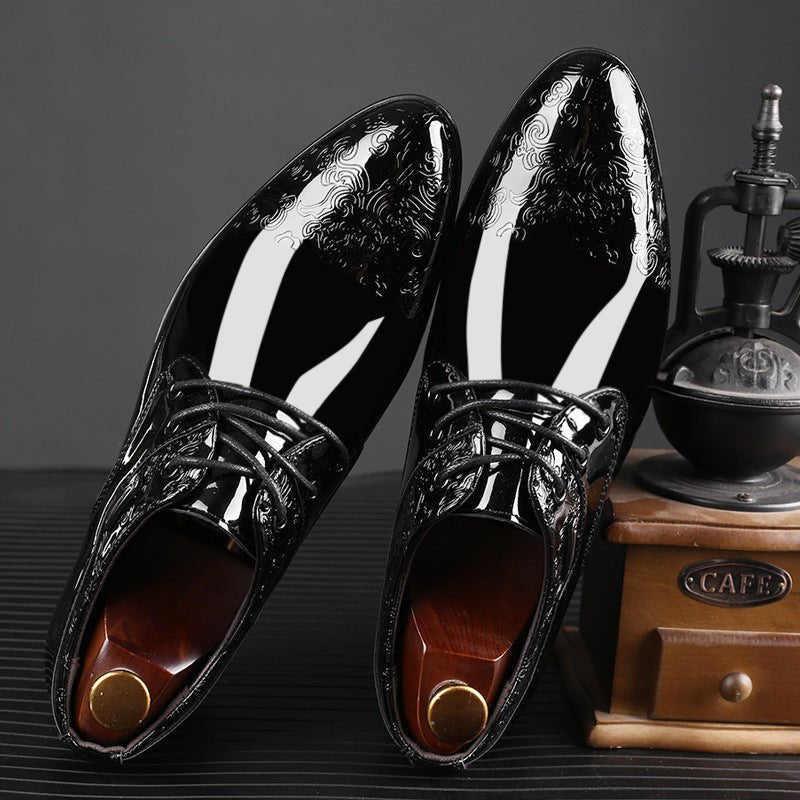 Men's Black Textured Patent Leather Lace-Up Derby Shoes