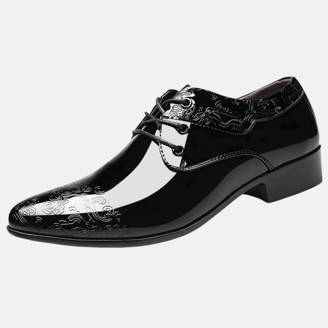 Men's Black Textured Patent Leather Lace-Up Derby Shoes