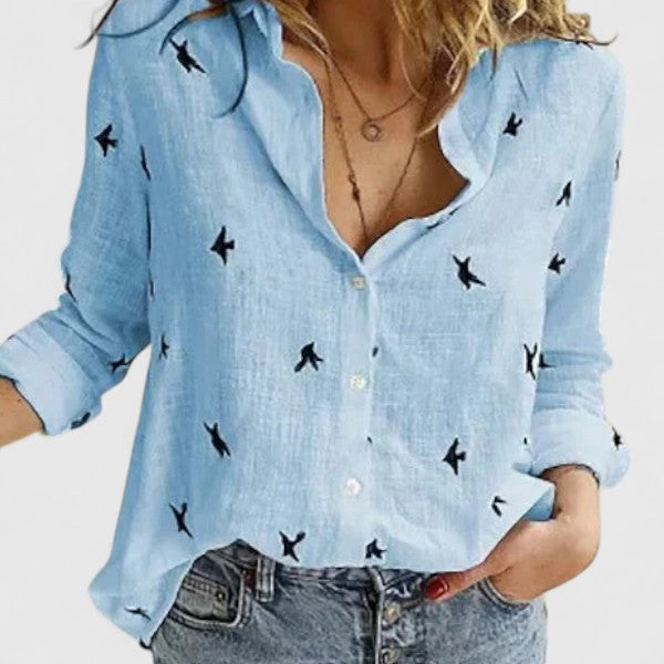 Women's Button-Front V-Neck Linen Blouse