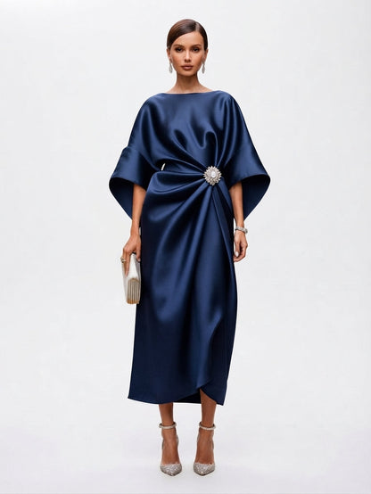 Women's Draped Maxi Dress with Brooch Accent