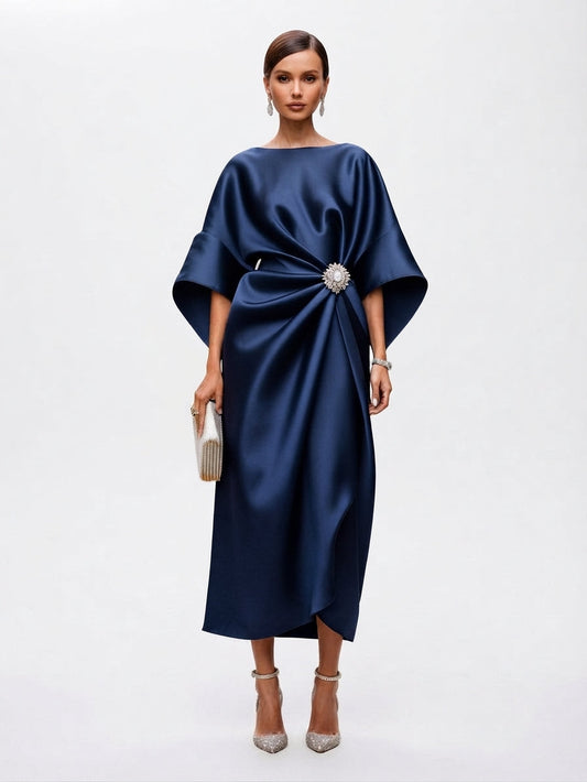 Women's Draped Maxi Dress with Brooch Accent