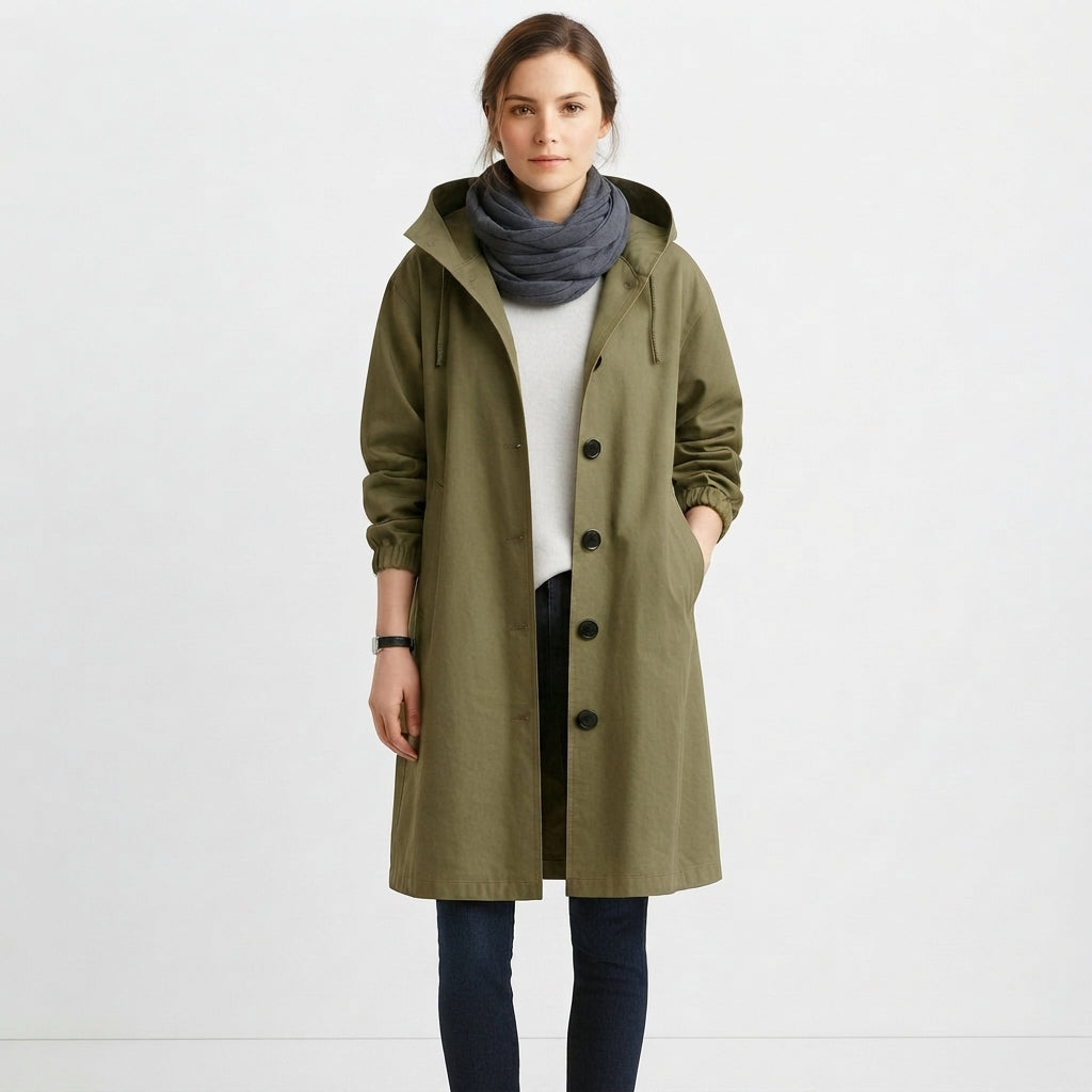 Women's Casual Longline Button-Front Hooded Coat
