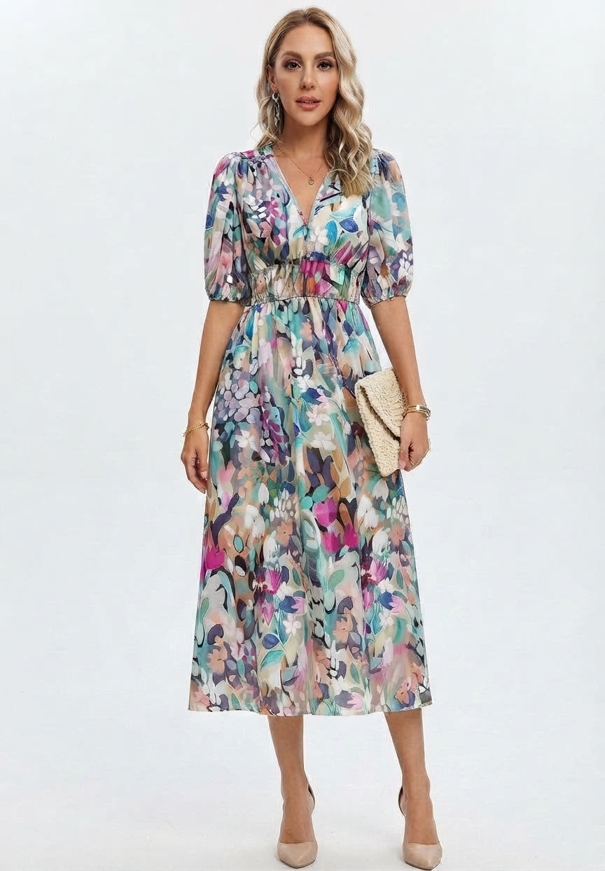 Women's Floral V-Neck Midi Dress for Wedding Guests