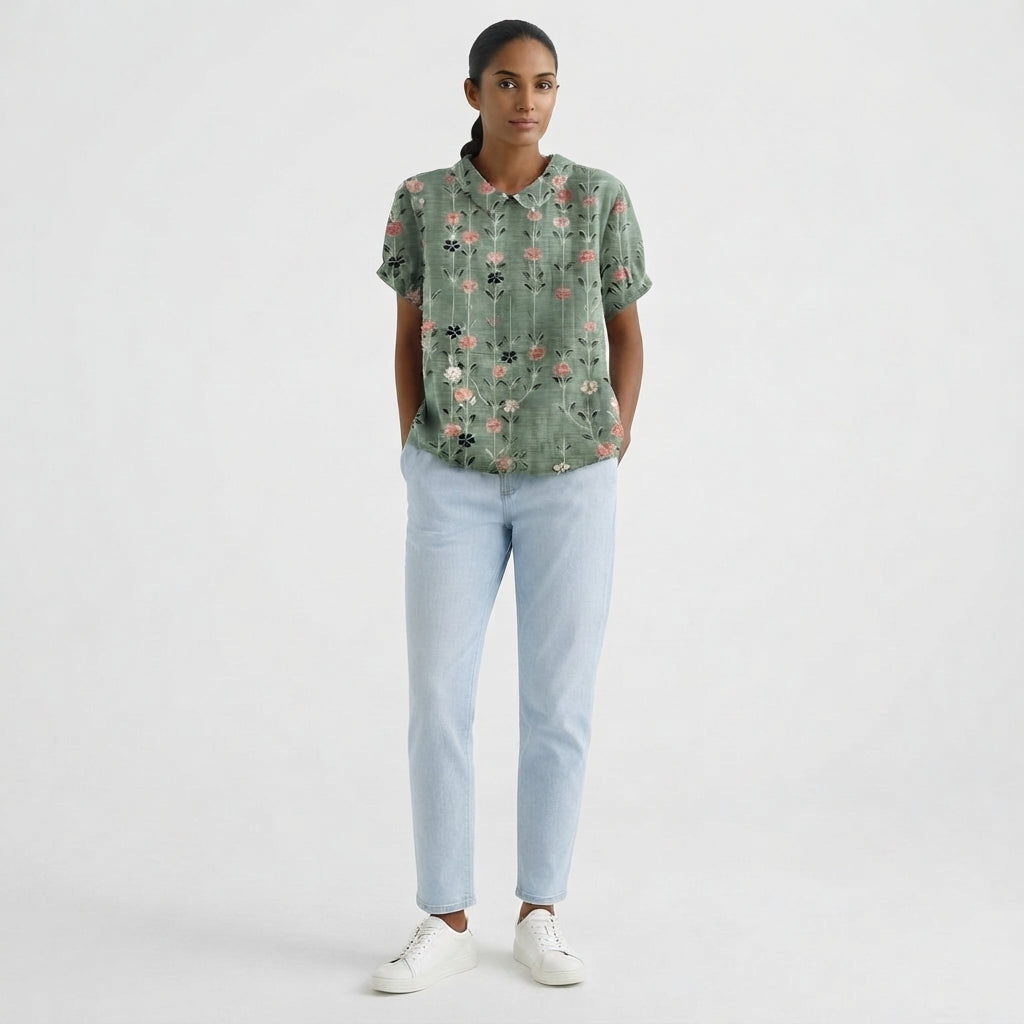 Women's Short-Sleeve Blouse with Floral Collar