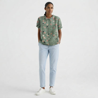 Women's Short-Sleeve Blouse with Floral Collar