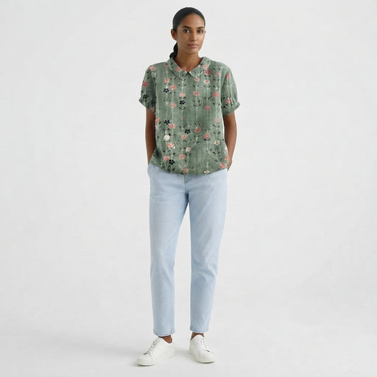 Women's Short-Sleeve Blouse with Floral Collar