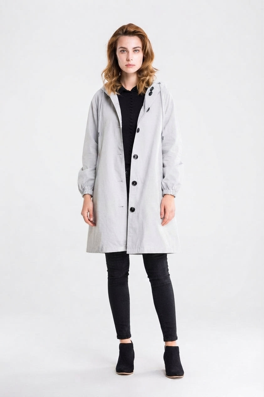 Women's Hooded Long Casual Coat with Button Closure