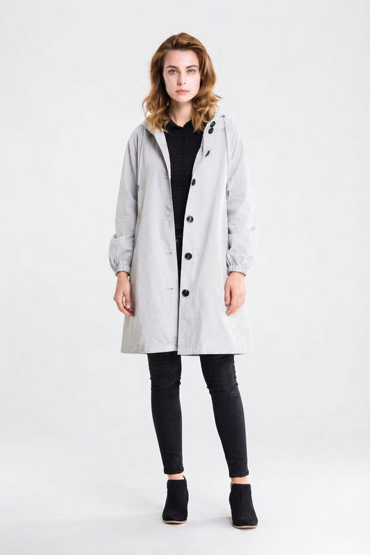 Women's Hooded Long Casual Coat with Button Closure