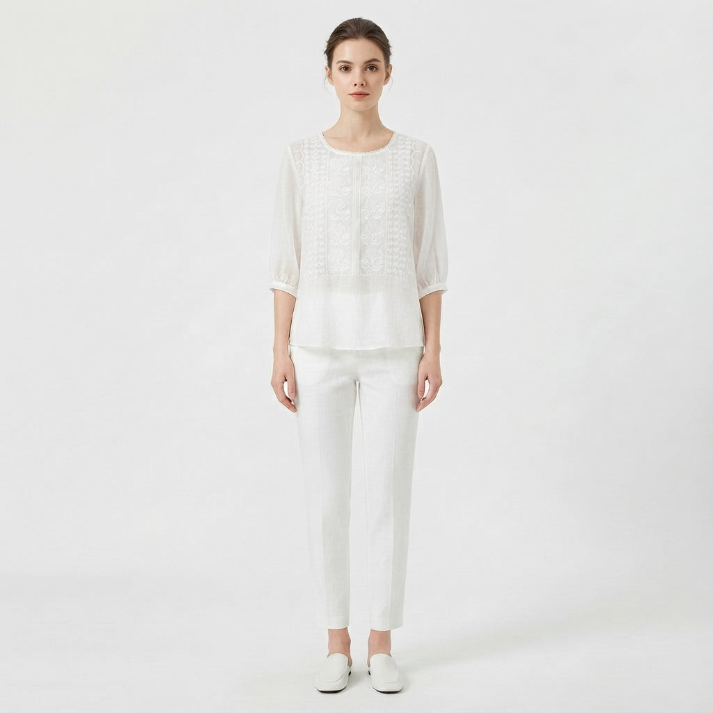 Crew-Neck Embroidered Blouse for Women