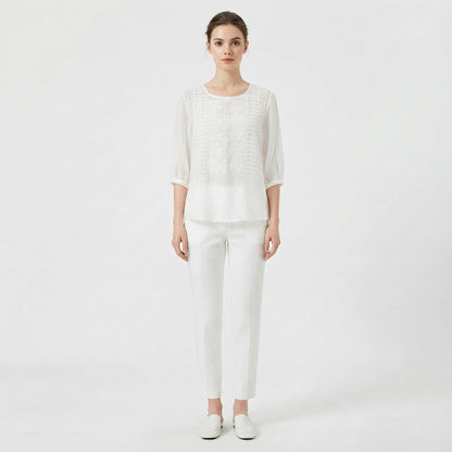 Crew-Neck Embroidered Blouse for Women