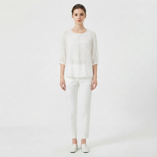 Crew-Neck Embroidered Blouse for Women