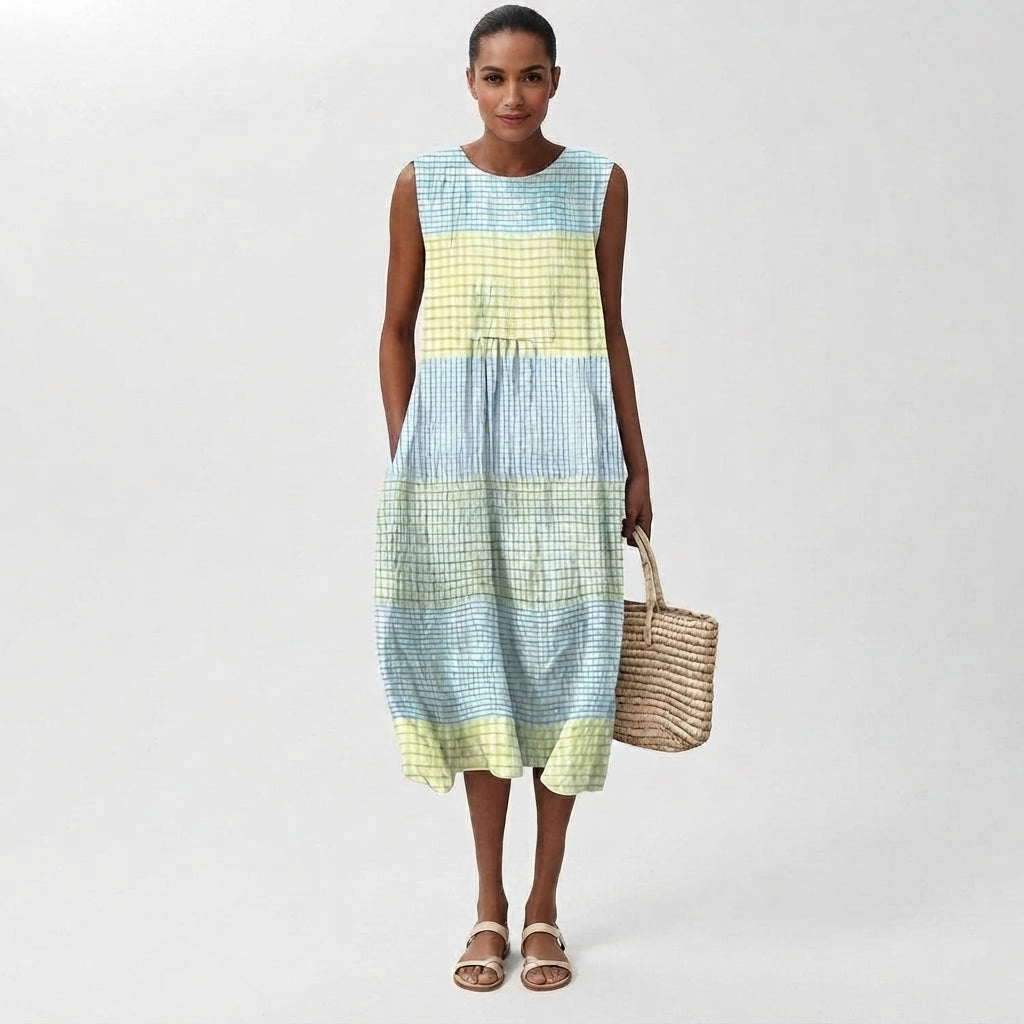 Women's Plaid Linen Tank Midi Dress