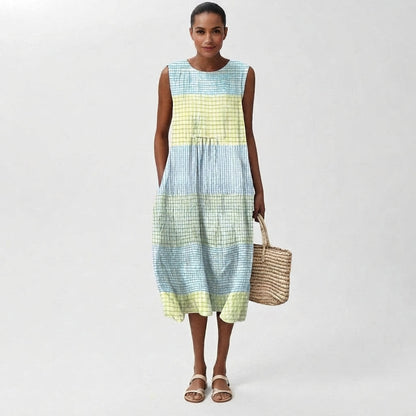 Women's Plaid Linen Tank Midi Dress