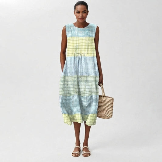 Women's Plaid Linen Tank Midi Dress