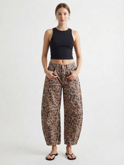 Women's Wide-Leg Denim Jeans in Leopard Print