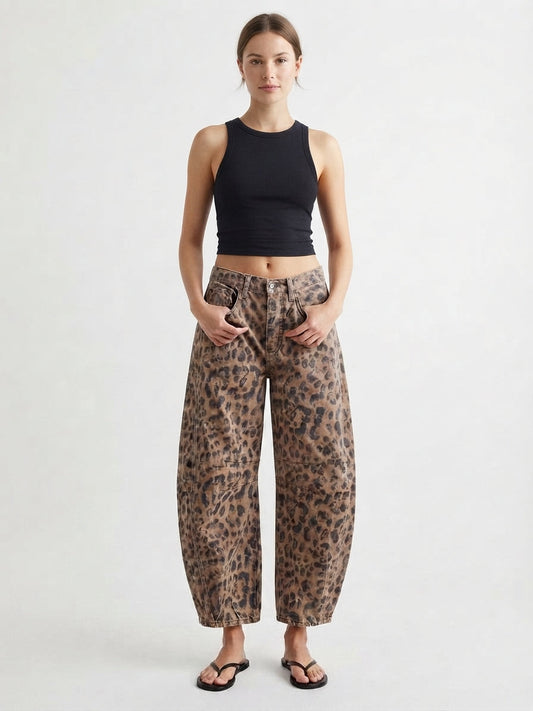 Women's Wide-Leg Denim Jeans in Leopard Print