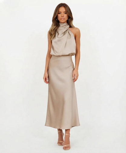 Formal Satin Halter Midi Dress for Women