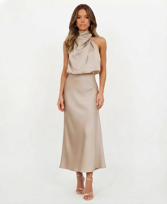 Formal Satin Halter Midi Dress for Women