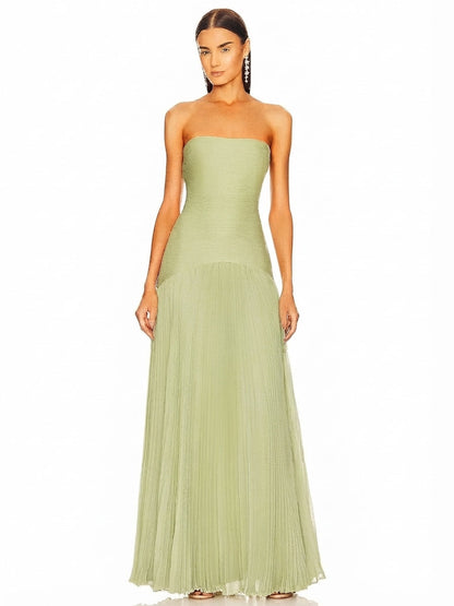 Women's Pleated Strapless Maxi Dress for Wedding Guests