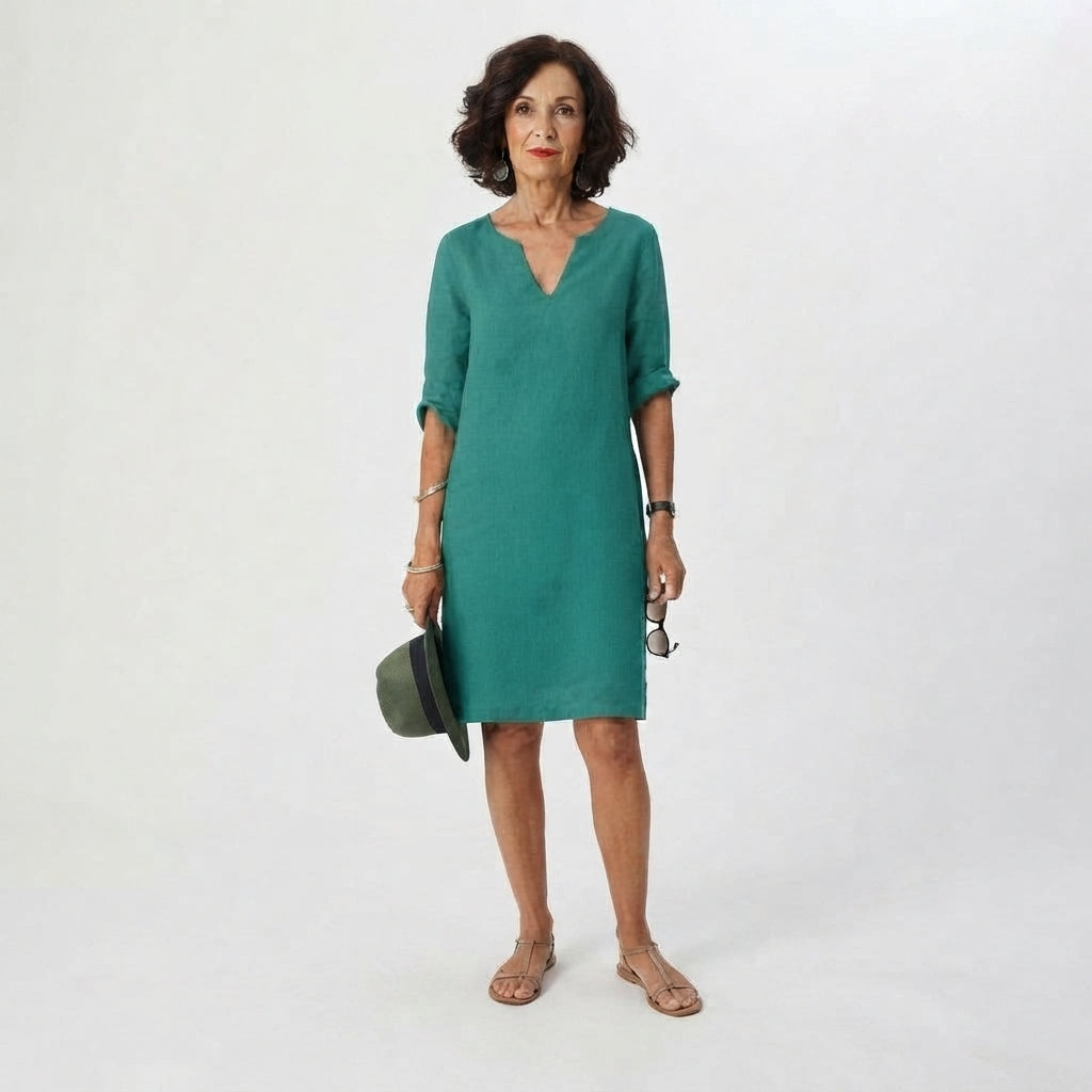 Plain Knee-Length V-Neck Dress for Women