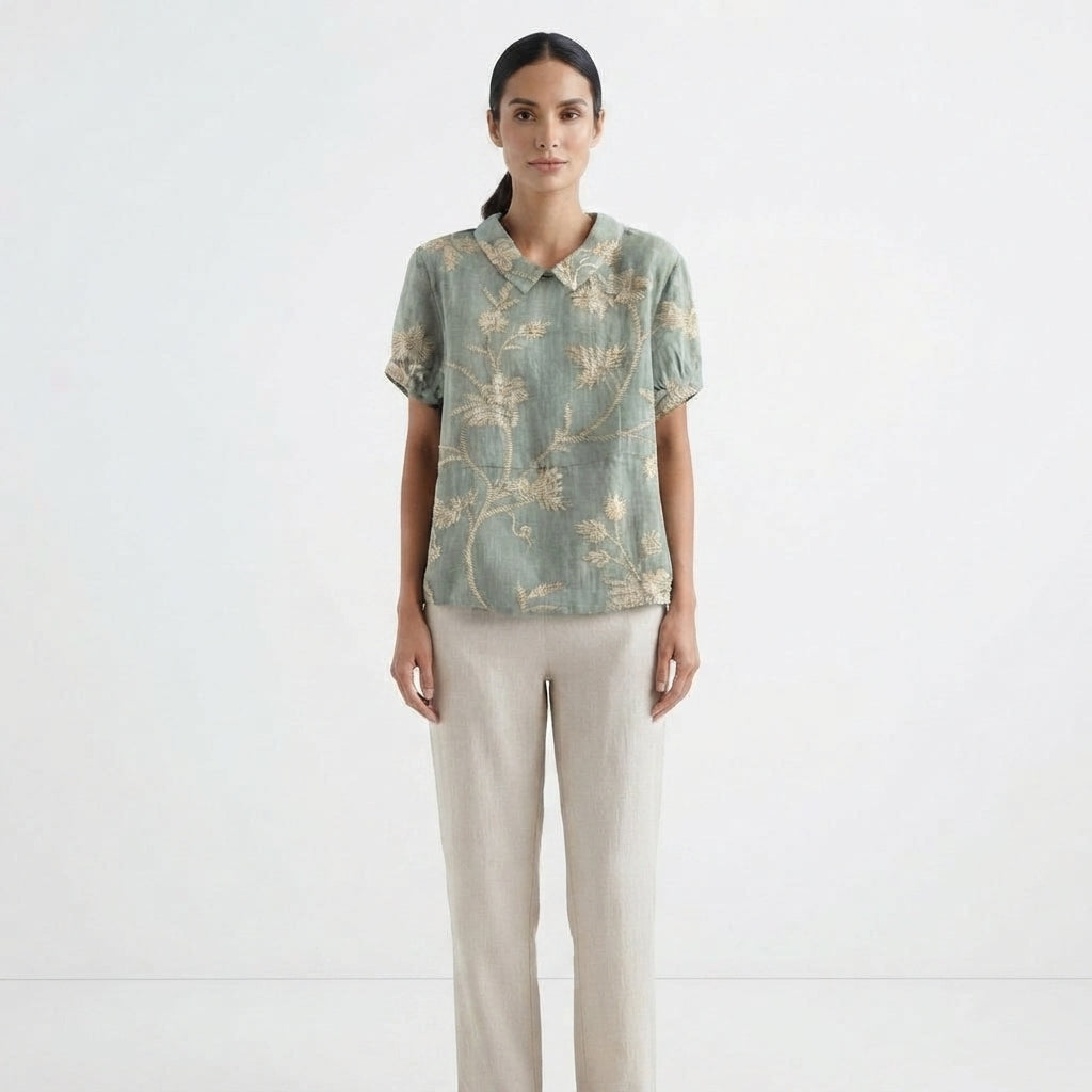 Women's Collared Floral-Print Casual Top