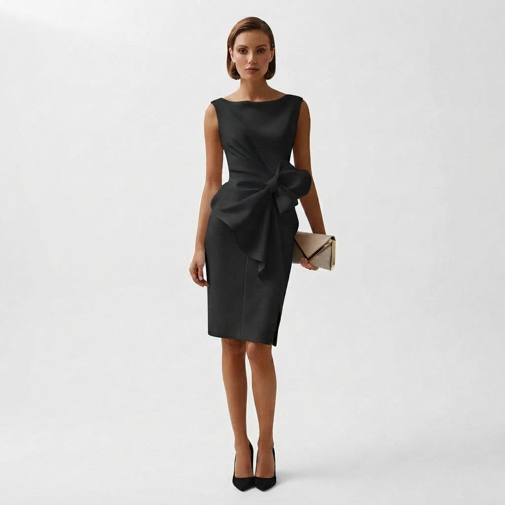 Women's Bow-Accent Elegant Midi Dress